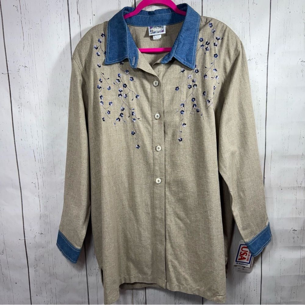 Vintage Monique Fashions Floral Embroidered Granny Shirt Tan Shirt Denim Cuff